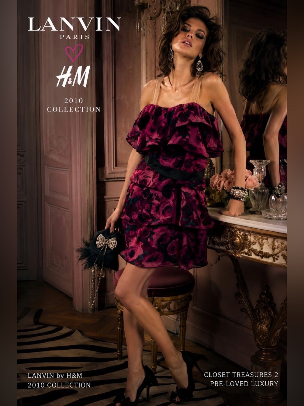 H&M by Lanvin Floral Strapless Ruffled Dress in Magenta and Teal